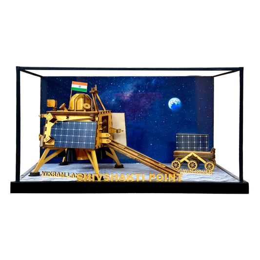Chandrayaan 3 Vikram Lander Wooden Art Model with Pragyan Rover Enclosed in Acrylic Box (Small Size)